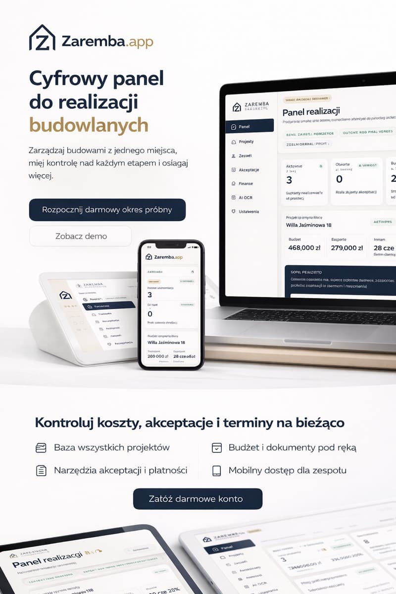 Zaremba.app — panel realizacji budowlanych na laptopie i telefonie.